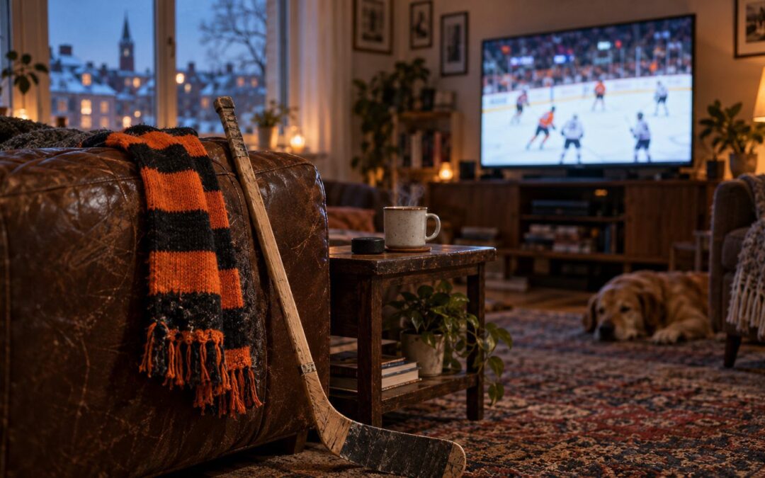 Une écharpe de hockey orange et noire délavée sur l’accoudoir d’un canapé, avec une crosse et un palet, devant un match à la télévision dans un appartement loin de Philadelphie
