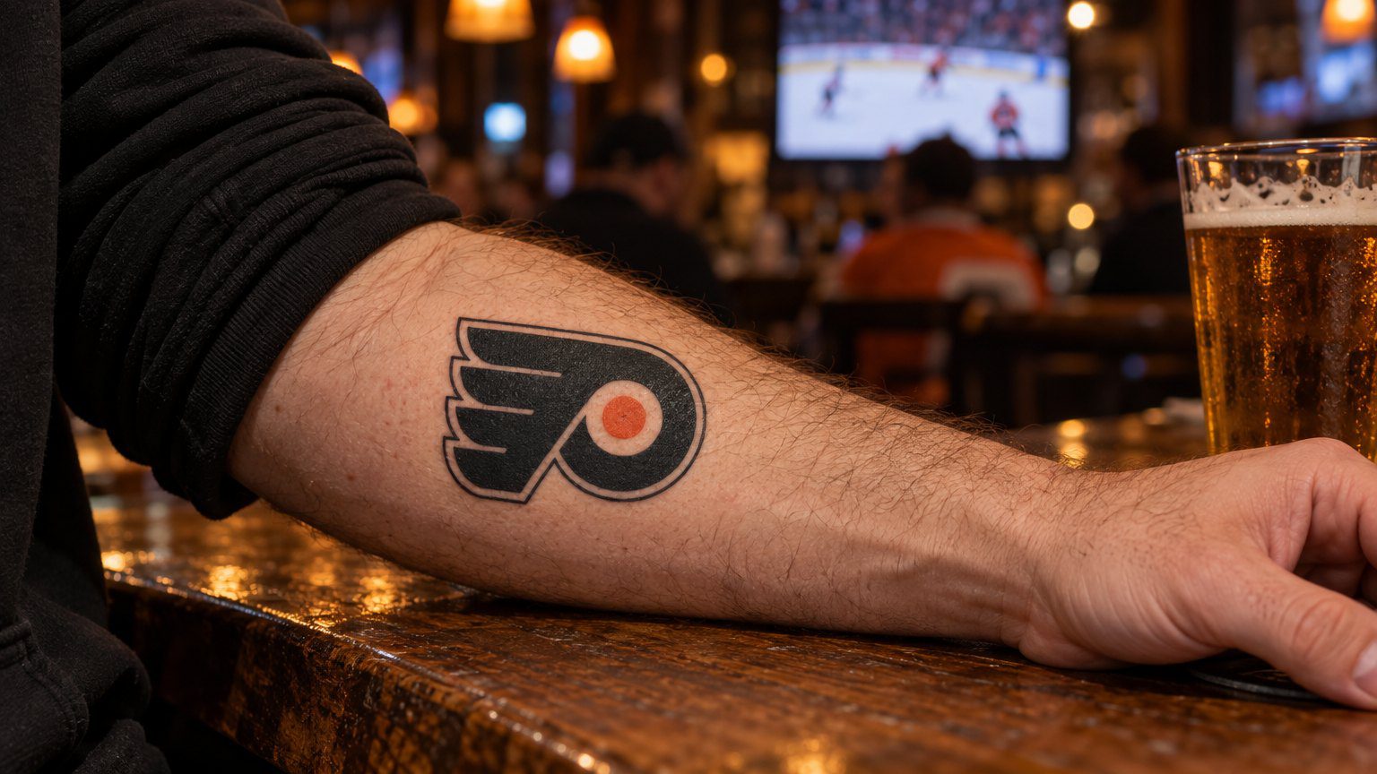 Avant-bras d’un supporter tatoué du logo des Philadelphia Flyers