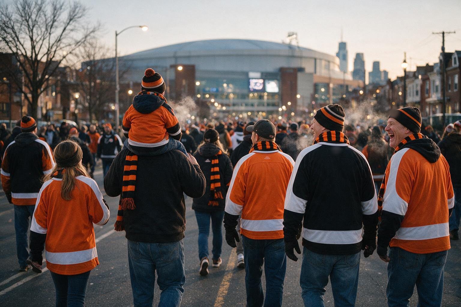Des supporters de hockey en écharpes et bonnets orange et noir marchant vers la patinoire par un soir de match glacial à Philadelphie